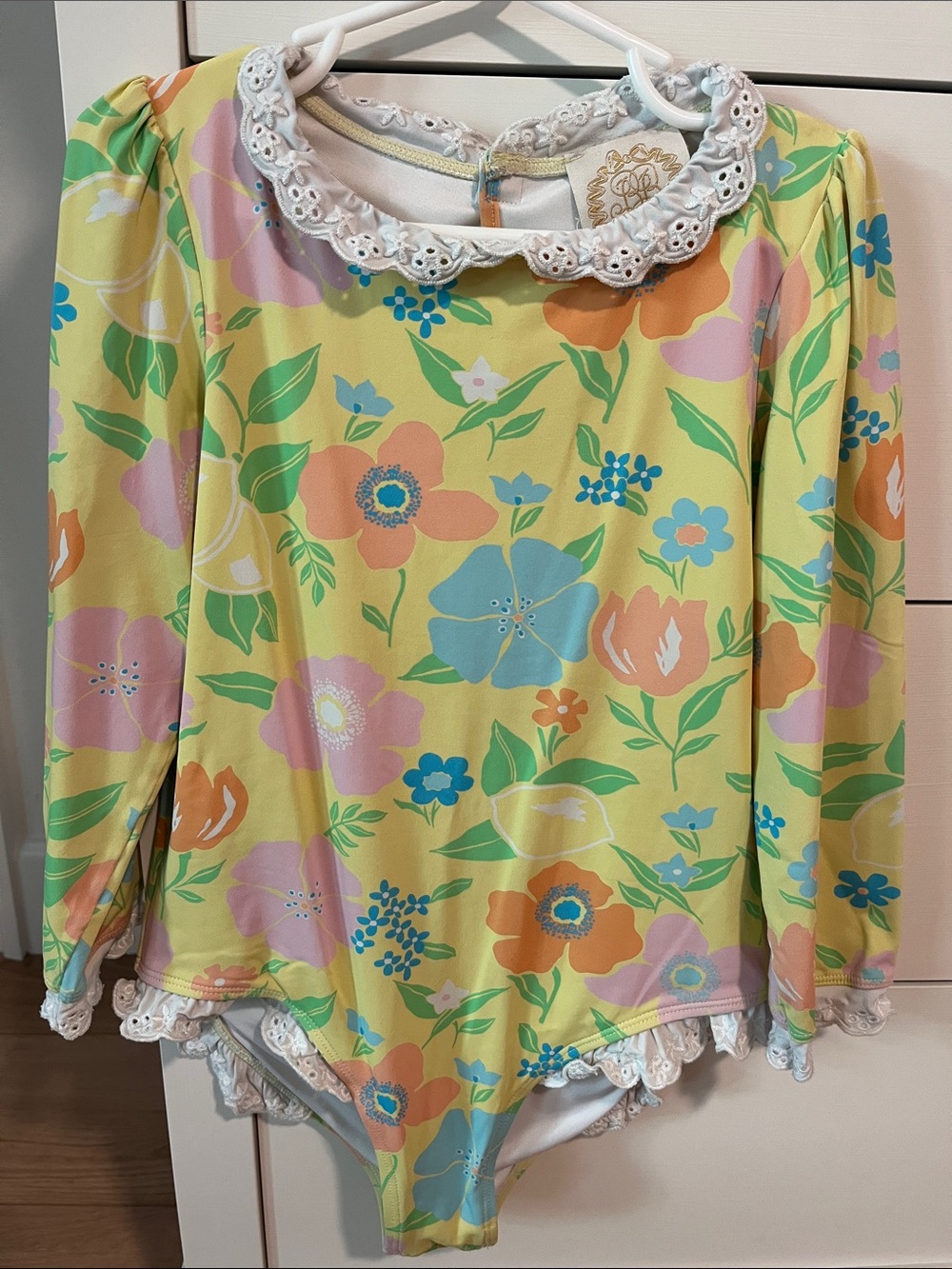 The Beaufort Bonnet Company Girls Floral Long-Sleeve Swimsuit with Lace Collar